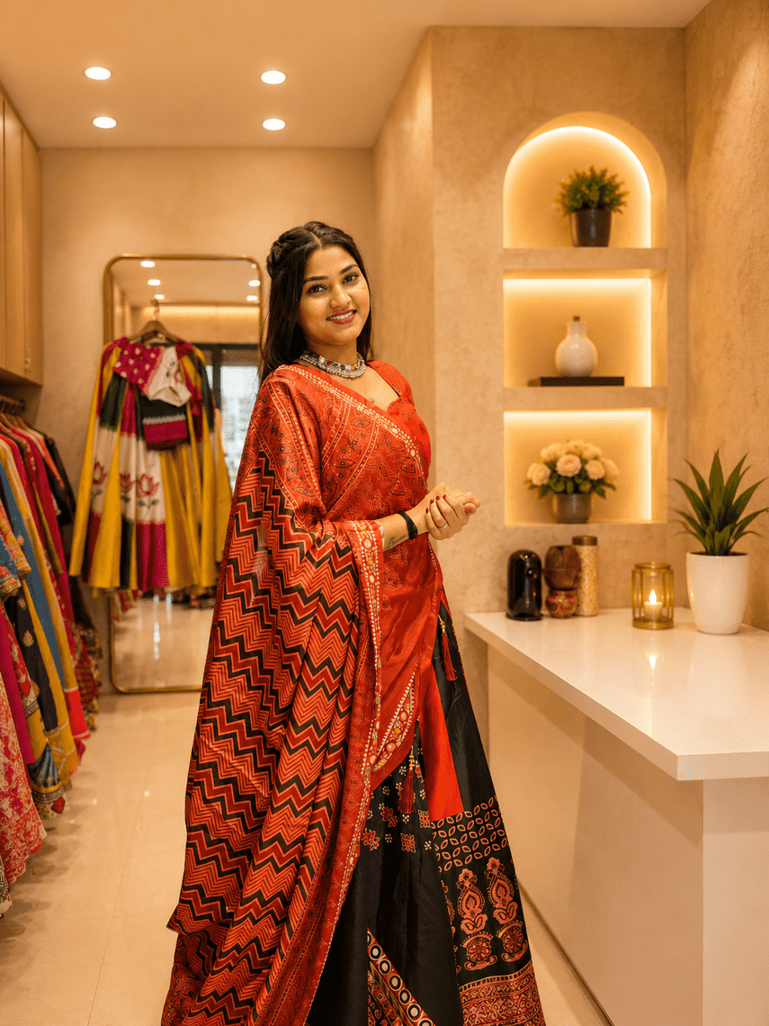Black & Red Printed Lehenga Choli with Designer Dupatta  Description