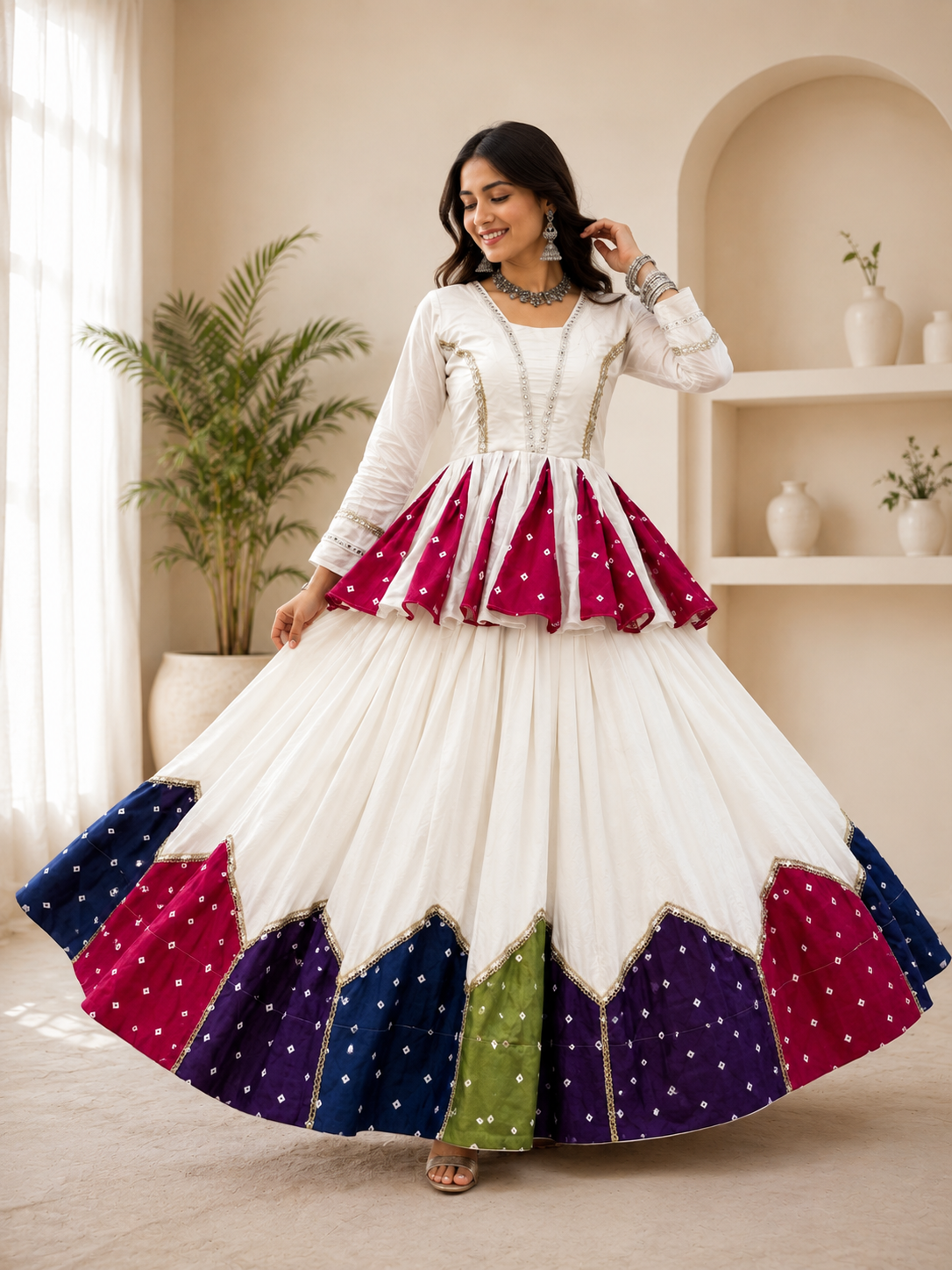 Designer White Lehenga Choli with Multicolor Bandhani Style Panels