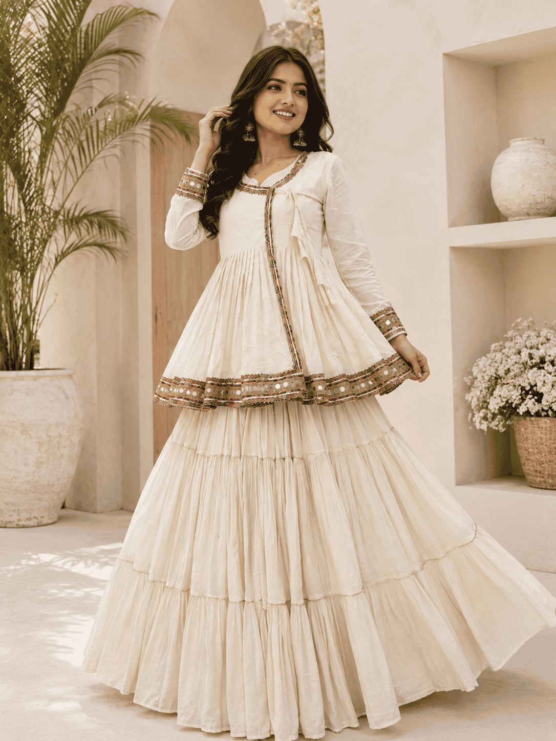 Designer Embroidered Peplum Top with Flared Skirt Set for Women