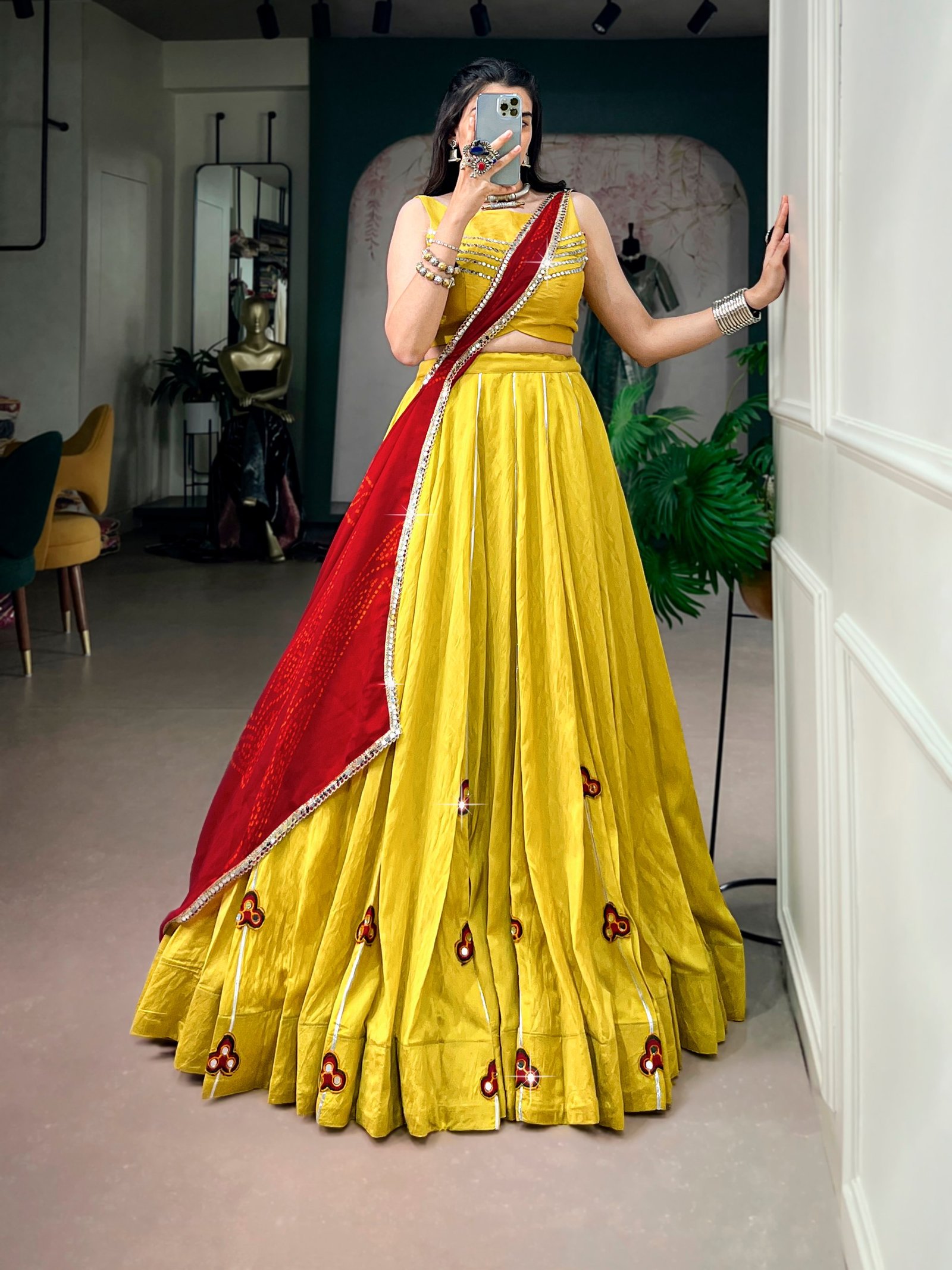 Designer Yellow Lehenga Choli with Red Bandhani Dupatta