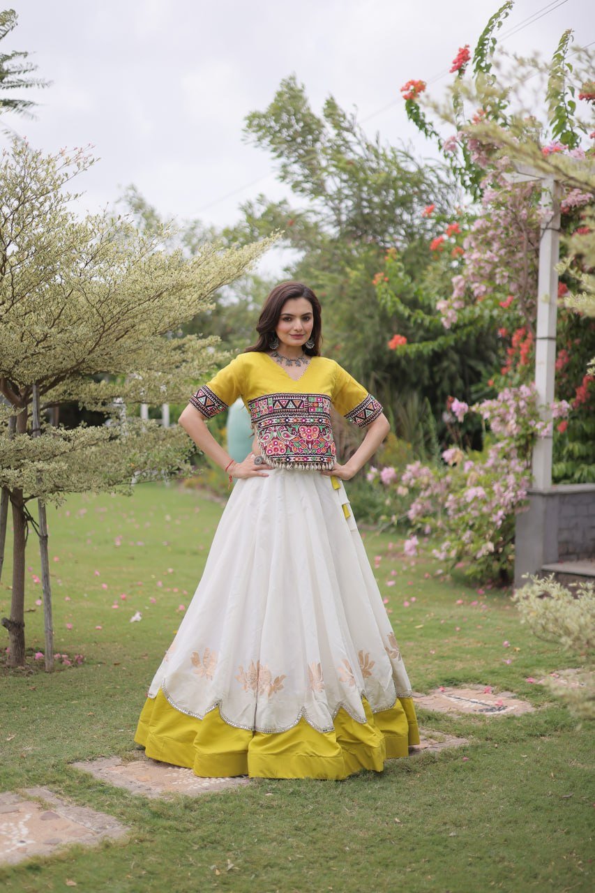 Embroidered Crop Top with White Flared Lehenga Choli for Women | Navratri, Garba & Festive Wear
