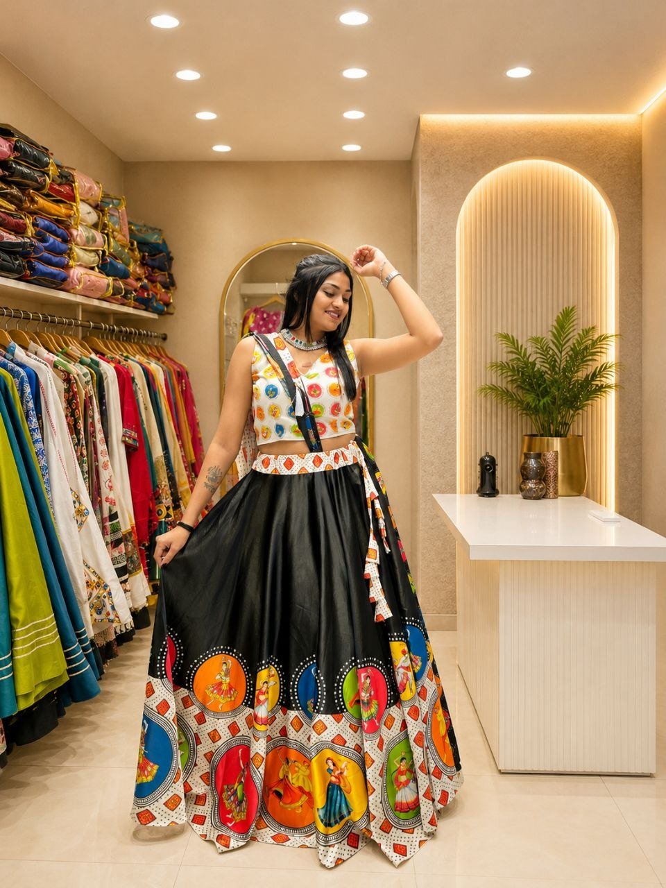 Black & Multicolor Printed Navratri Lehenga Choli Set