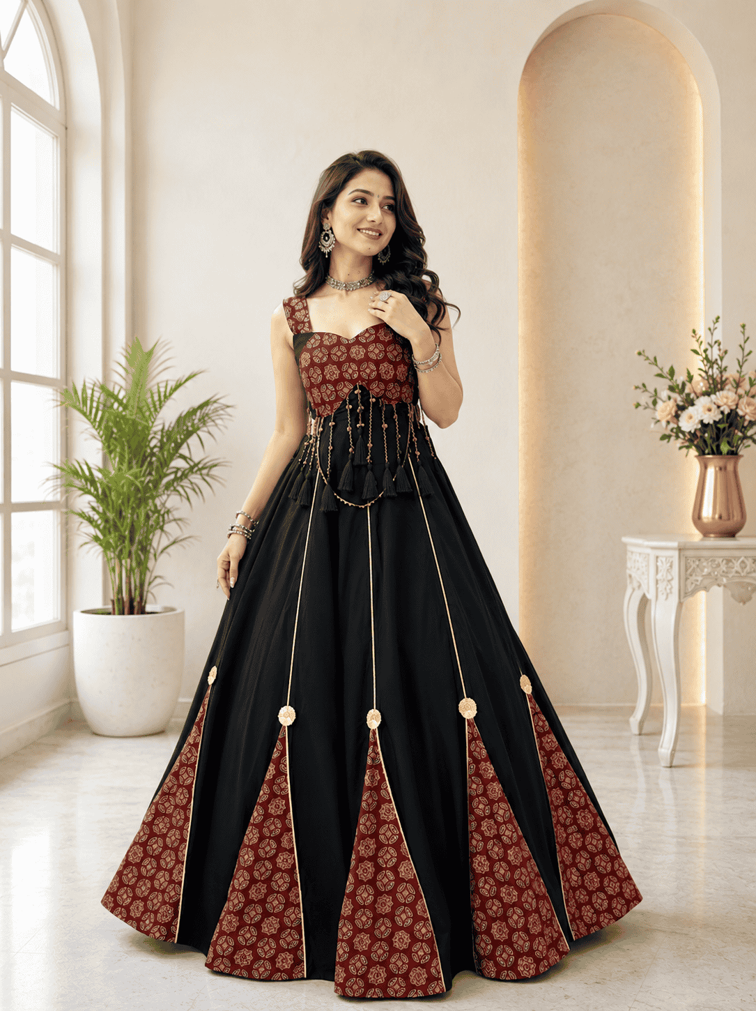 Designer Printed Crop Top with Tassel Work Flared Skirt for Women
