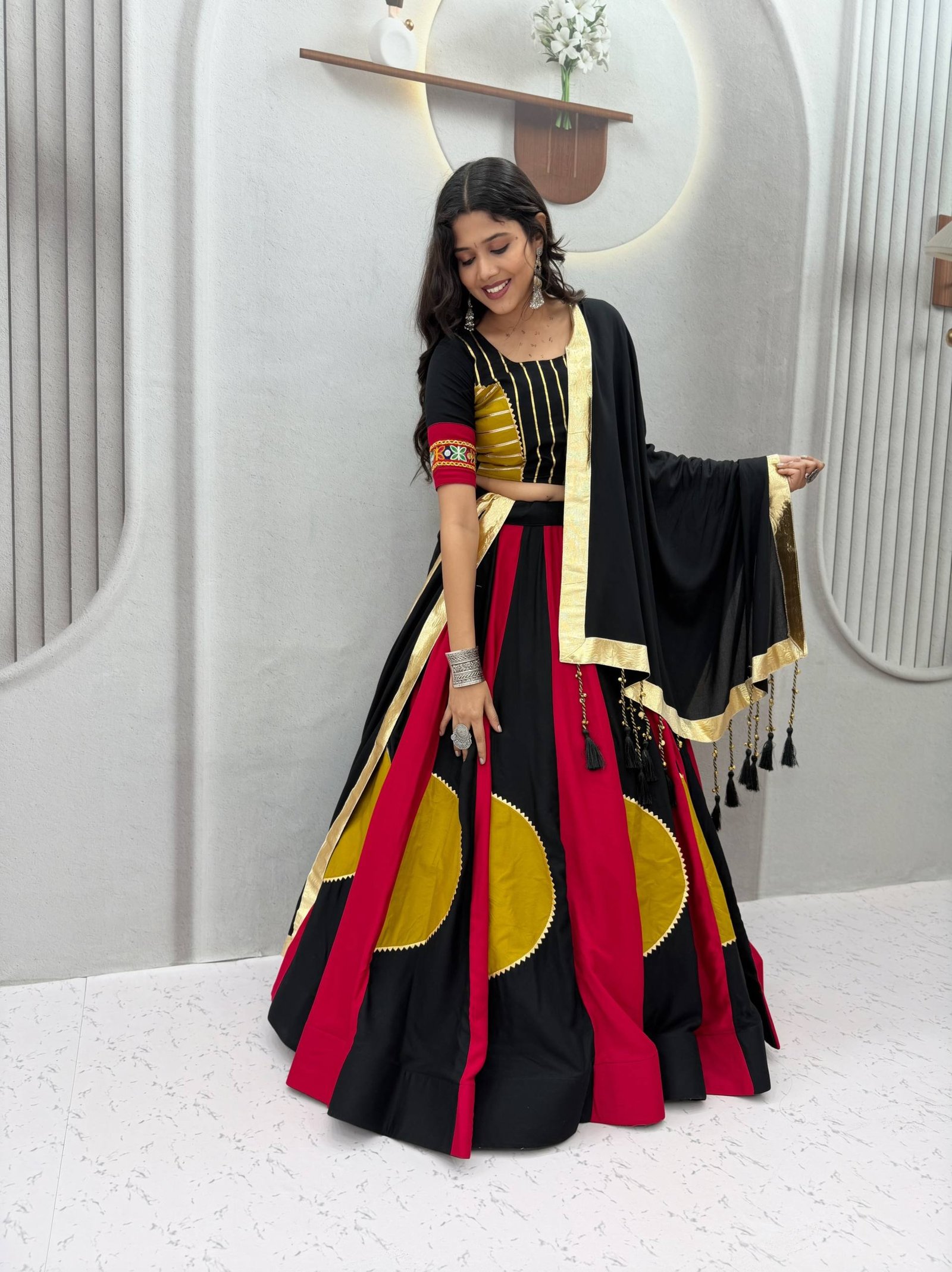 Designer Crop Top with Flared Lehenga Skirt & Dupatta for Women